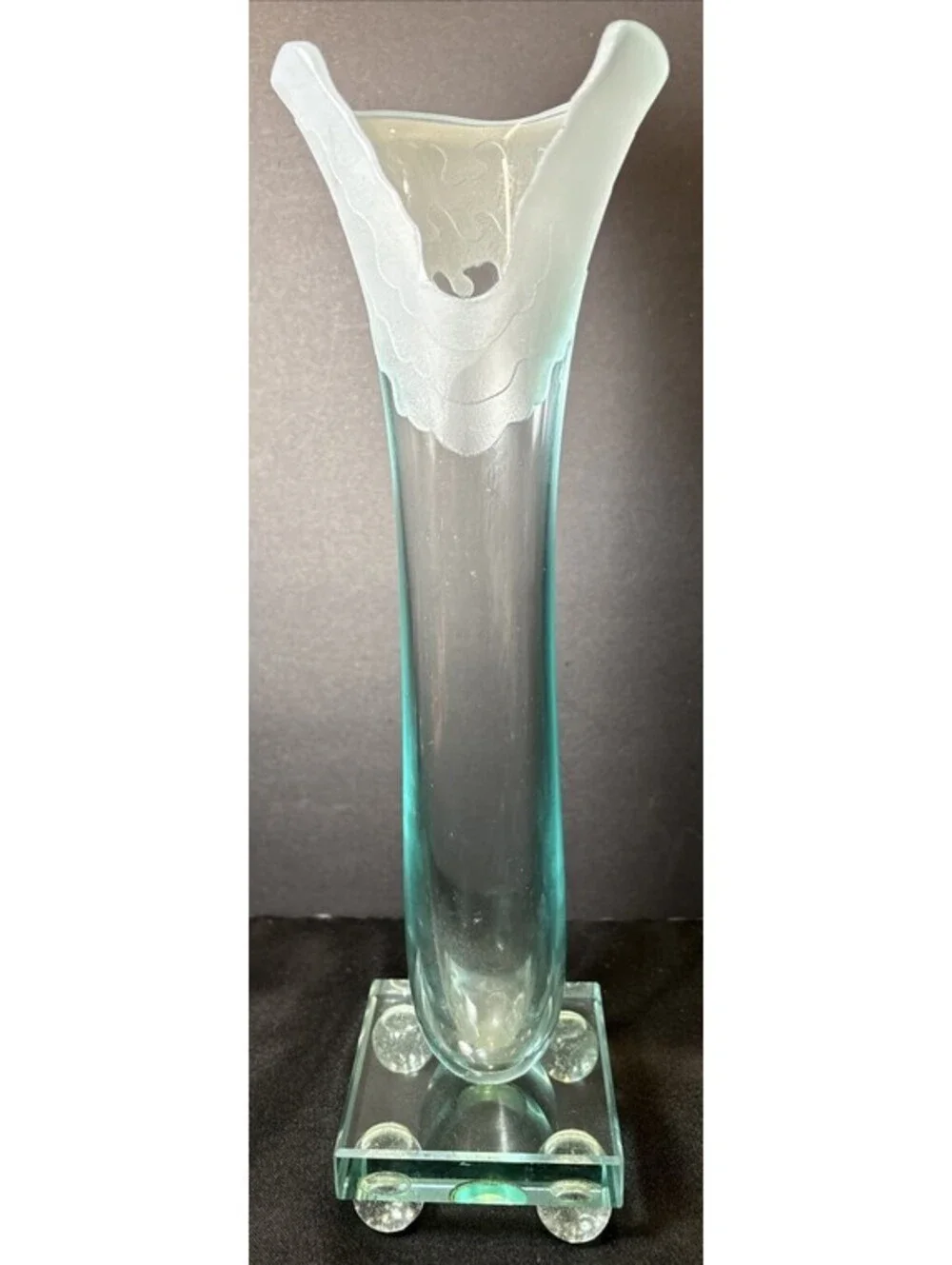 VTG Salvatore Polizzi Signed Aqua Glass Vase Frosted Ruffled Top Art Deco 13.5”